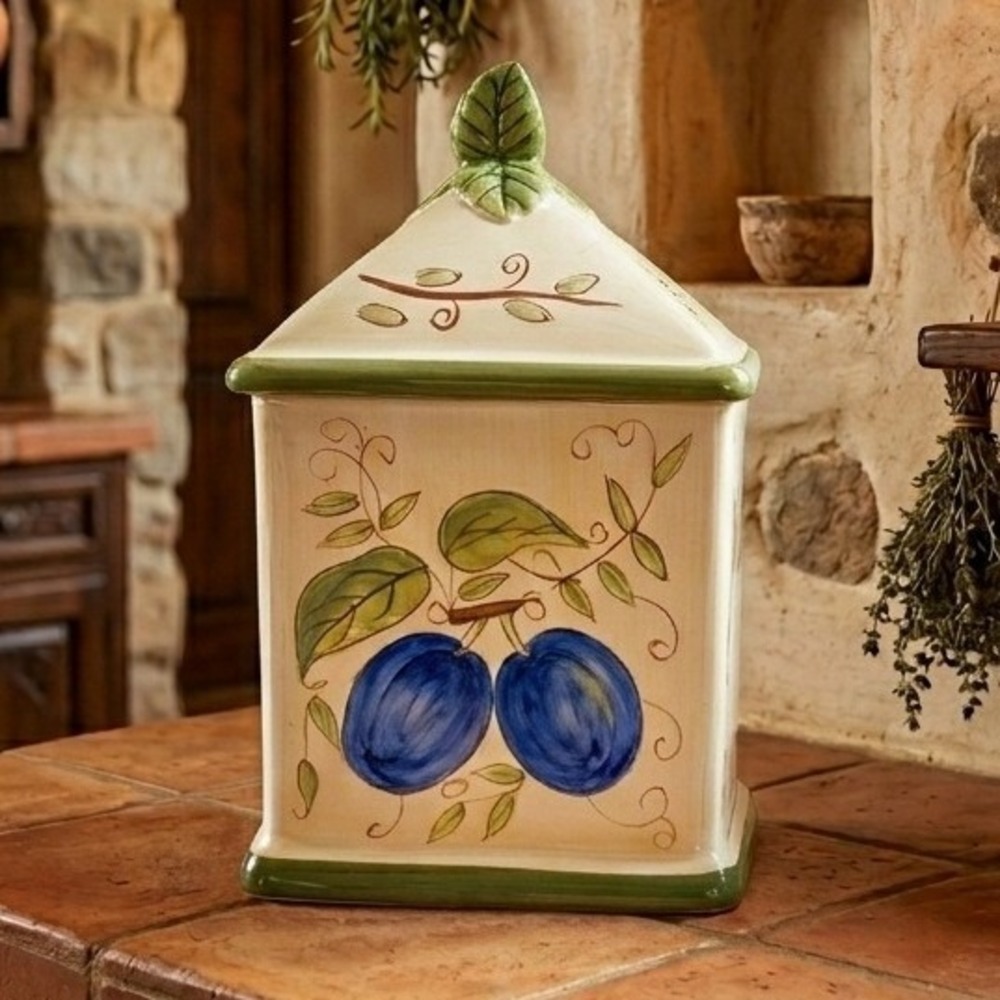 Vintage Certified International CIC Ceramic Plum Canister Kitchen Jar Leaf Lid